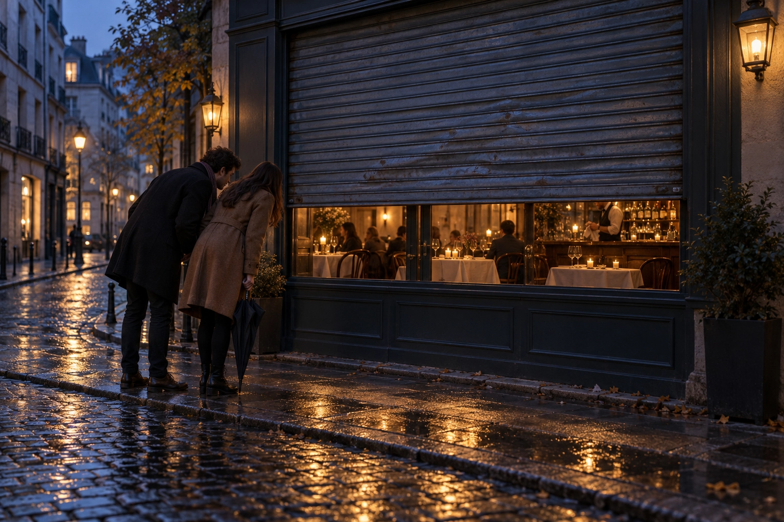 Couple peering under a half-lowered shutter into a glowing dining room, like a pop-up hiding a restaurant website