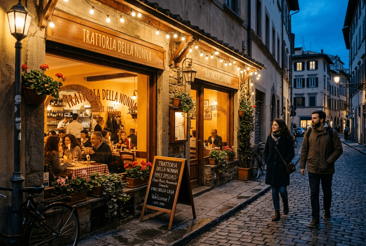 Neighborhood restaurant exterior at twilight showing local discovery and Google Business Profile visibility