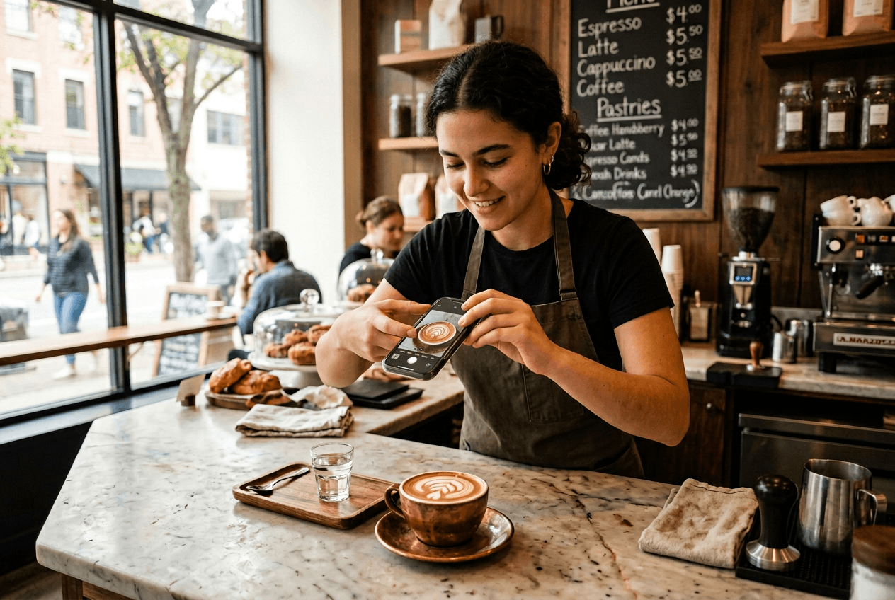 Barista photographing latte art for Instagram restaurant social media content