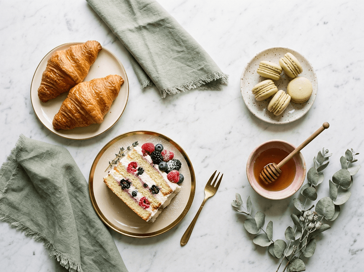 Artisanal bakery flat-lay styled for Pinterest food photography with croissants and pastries