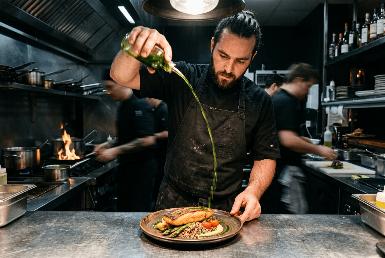 Chef dramatically plating a dish in a restaurant kitchen capturing viral TikTok content moment