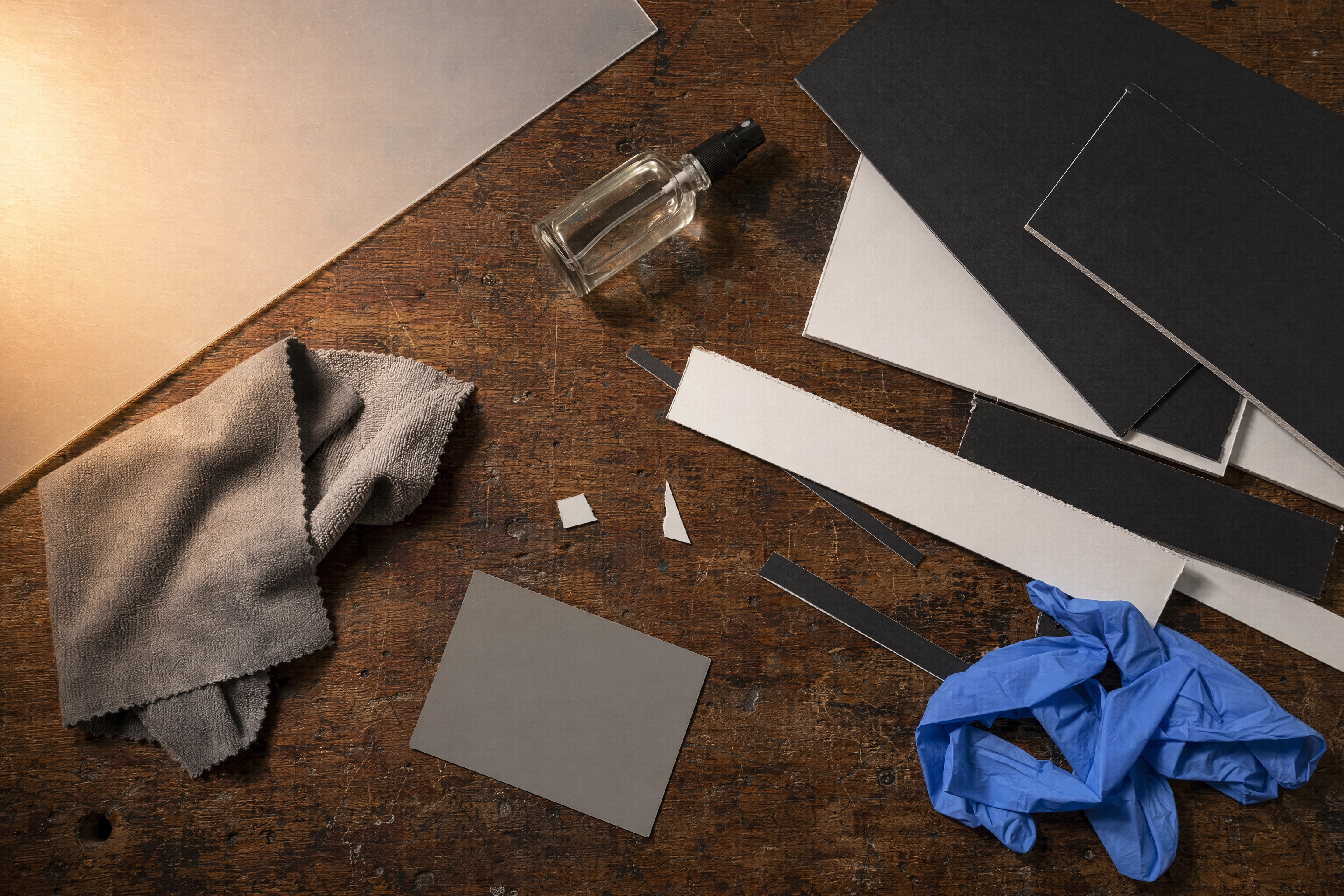Overhead of a budget bottle photography kit: white acrylic diffuser, foam core flags, glycerine atomiser, gloves and grey card