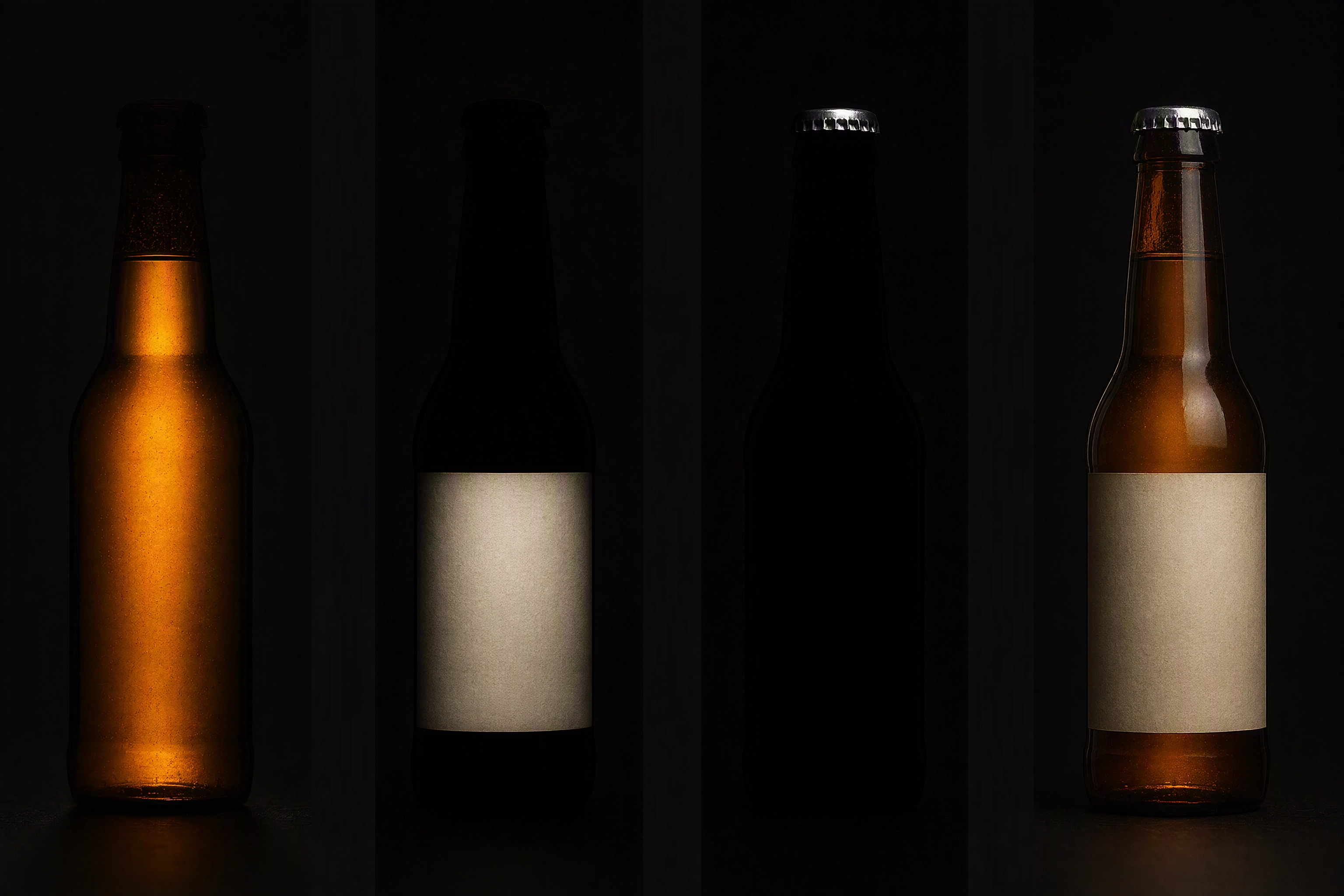 Four exposures of one bottle lit separately for liquid, label and cap plus the final blend, showing composite bottle photography