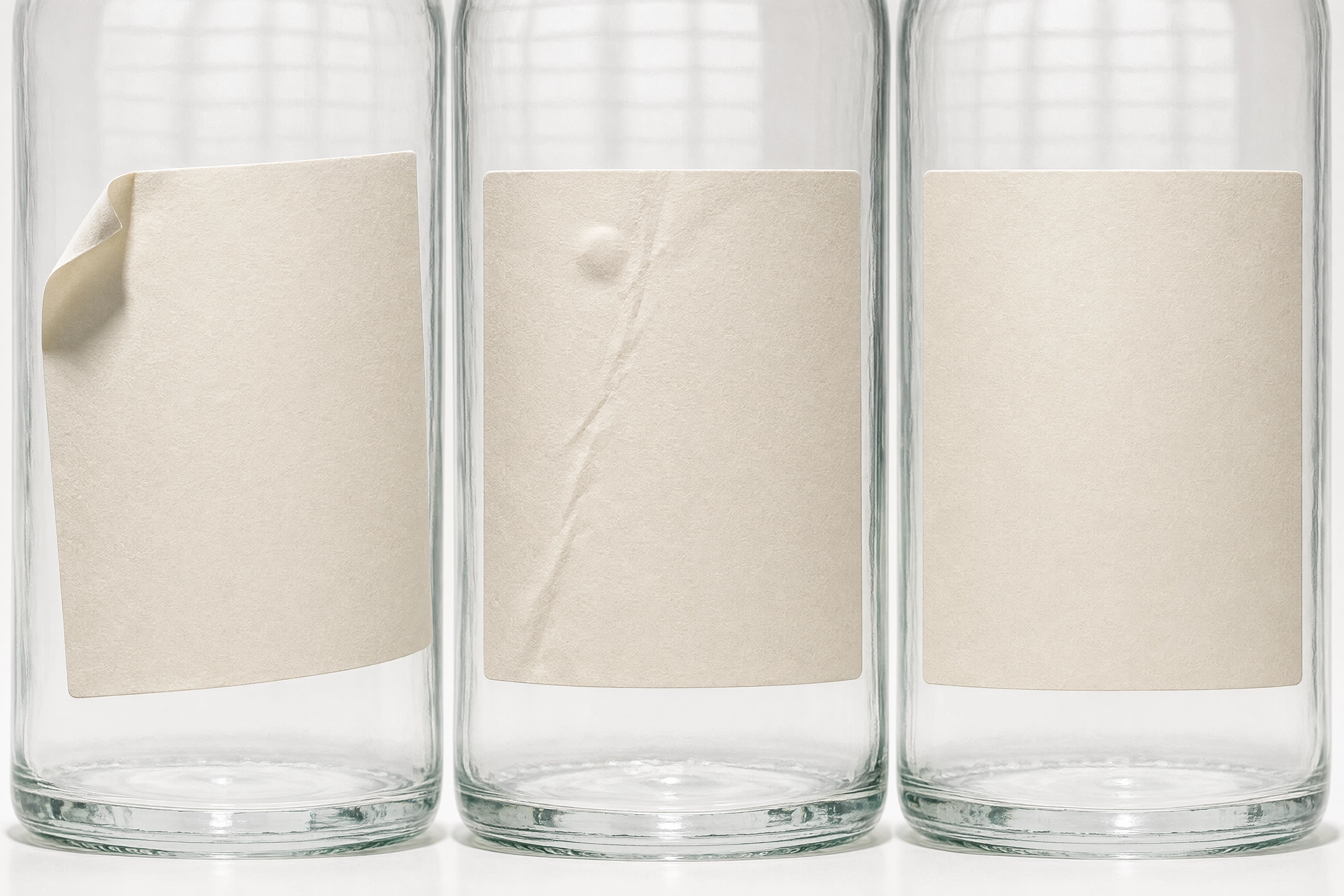 Three bottles with crooked, creased and perfectly flat blank labels, showing why label flatness decides a bottle shot