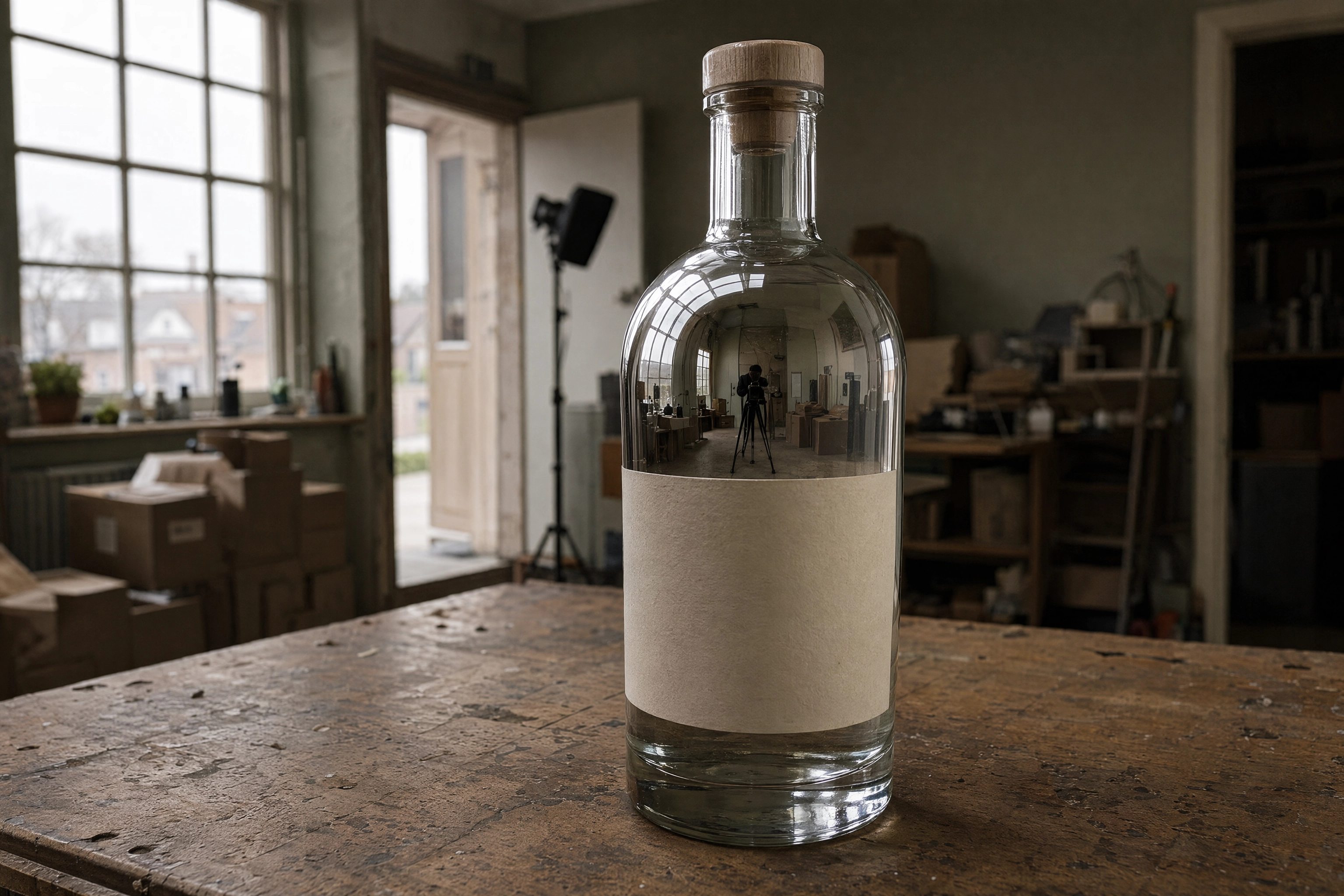 Glass bottle reflecting an entire cluttered room, showing why bottle photography reflections are so hard to control