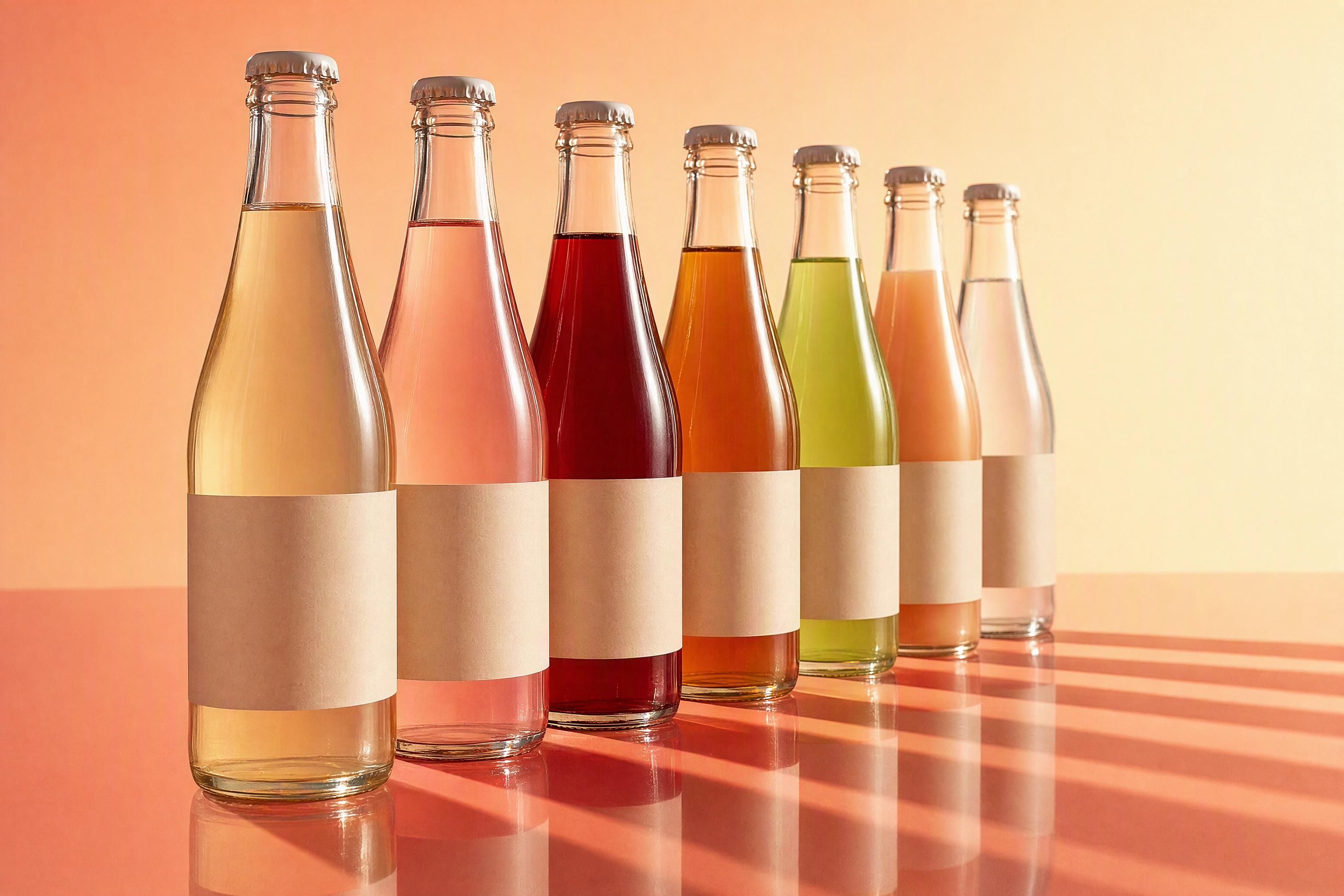 Row of seven unbranded bottles in different flavour colours, showing the per-SKU cost of beverage product photography