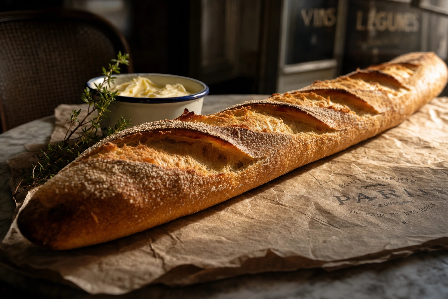 Long golden baguette photographed from low side angle on French butcher paper and marble — bread photography composition