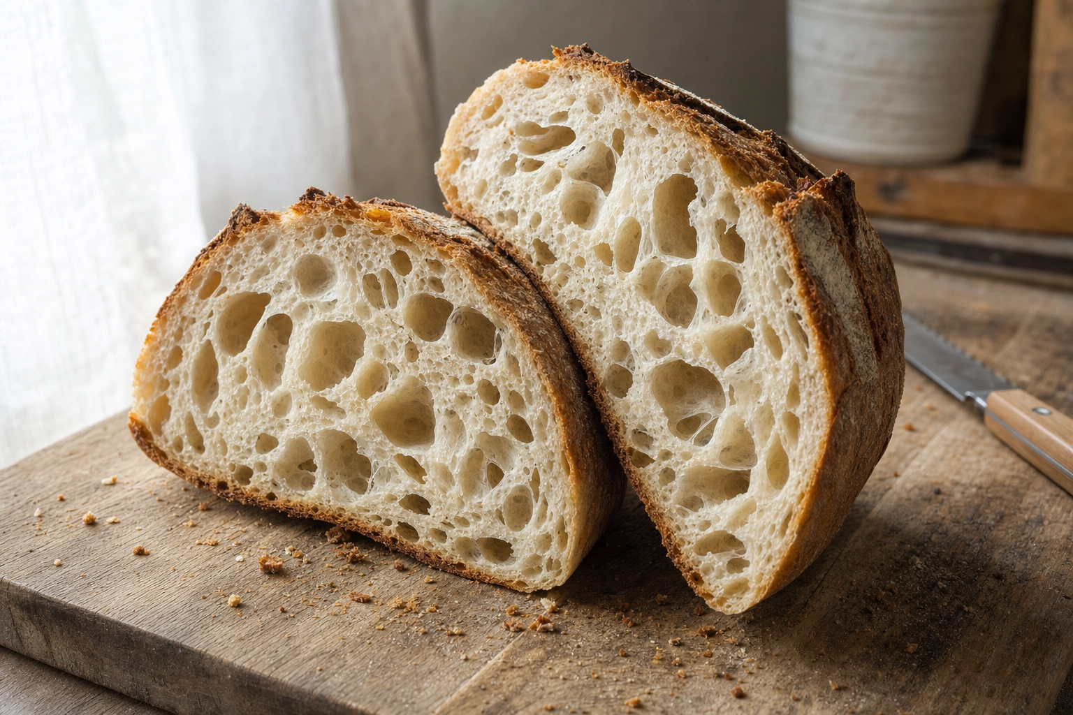 Sourdough cross-section showing open crumb structure with soft diffused side window light demonstrating bread photography lighting
