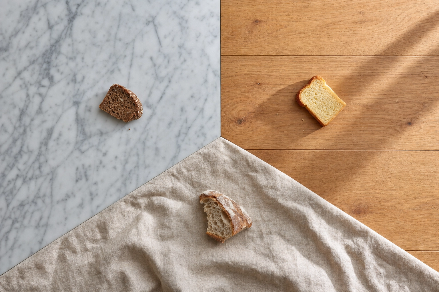 Comparison of bread photography backgrounds — marble, oak wood, and linen — shown flat-lay with bread samples