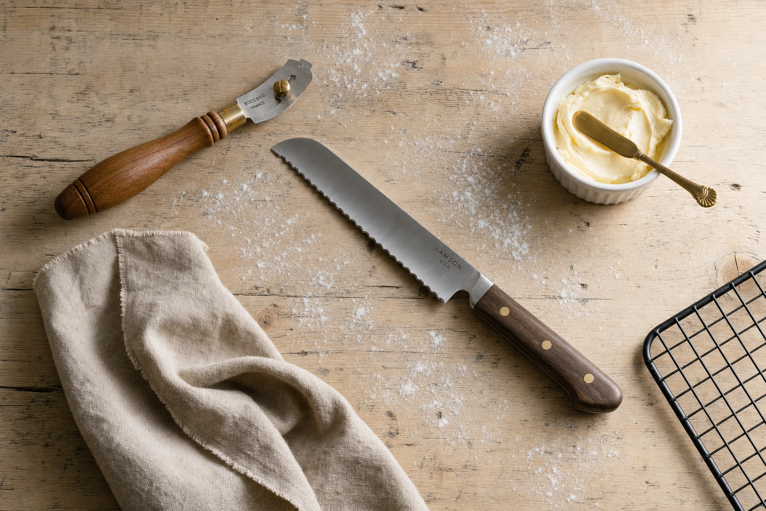 Bread photography styling tools flat-lay — bread lame, serrated knife, butter, cooling rack, and linen on wood