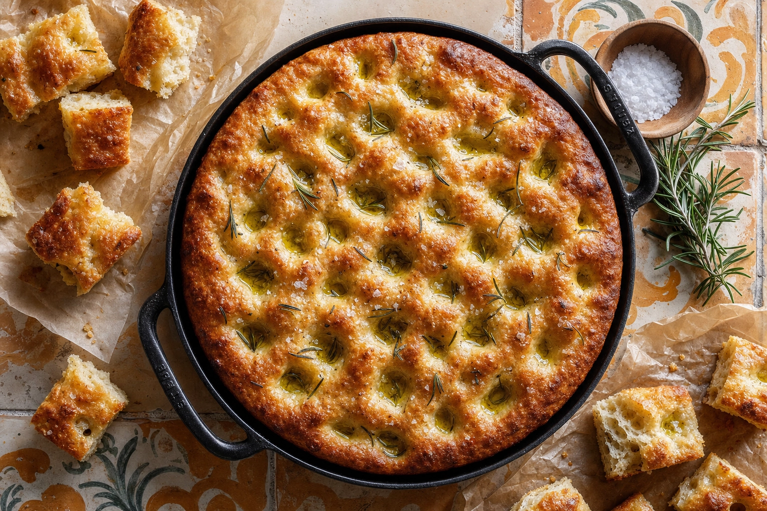 Top-down focaccia photography in cast iron pan on Italian terracotta tile showing dimples, olive oil pools, and rosemary