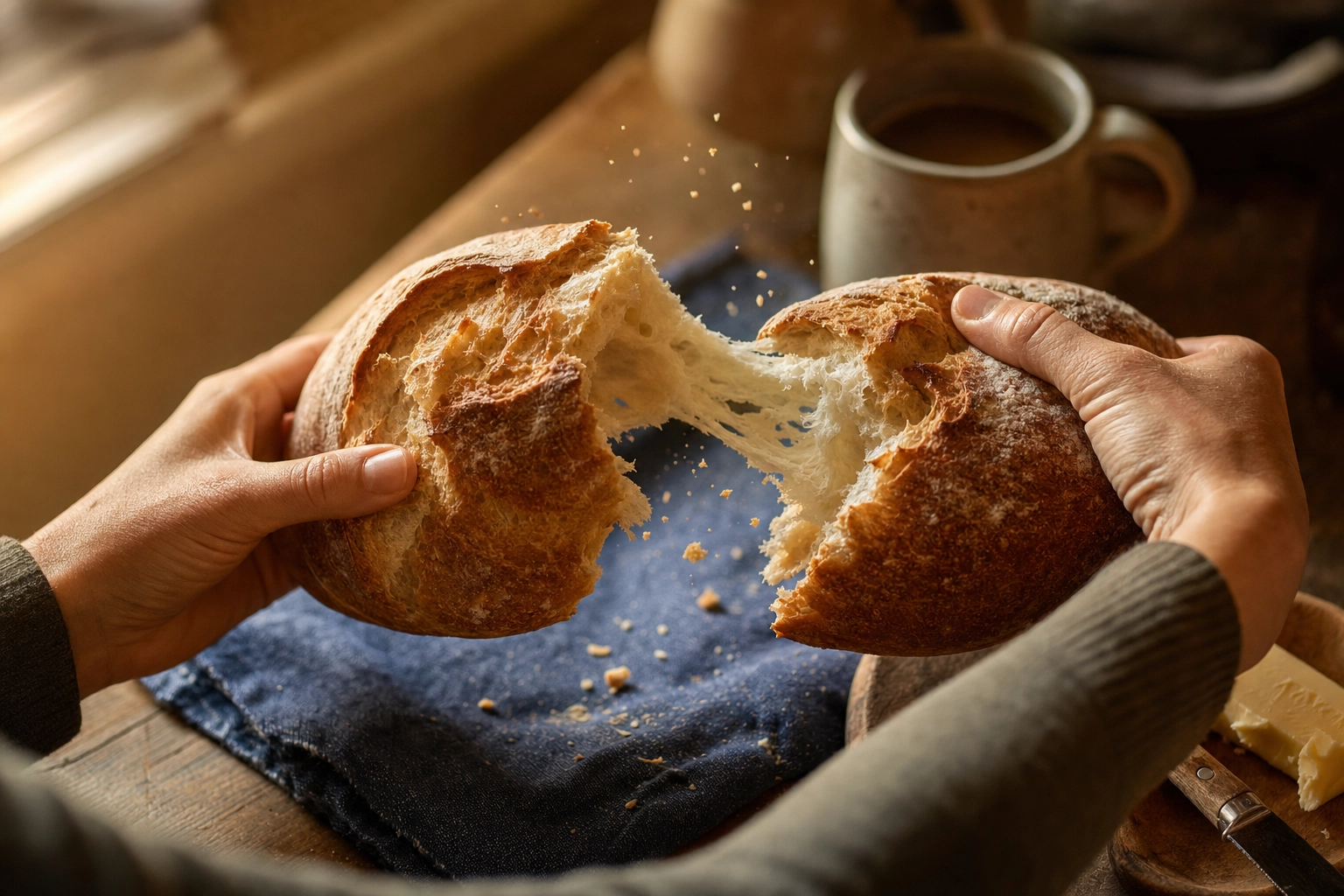 Hands tearing rustic country bread loaf in warm morning light — lifestyle bread photography scene
