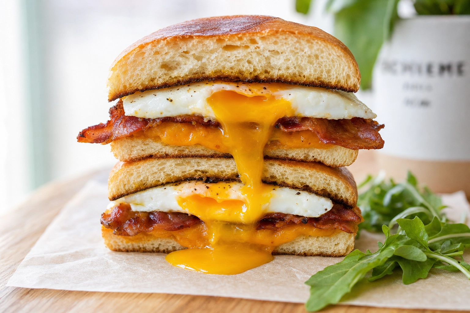 Eye-level breakfast sandwich halves showing runny egg yolk, melted cheddar and bacon on toasted brioche