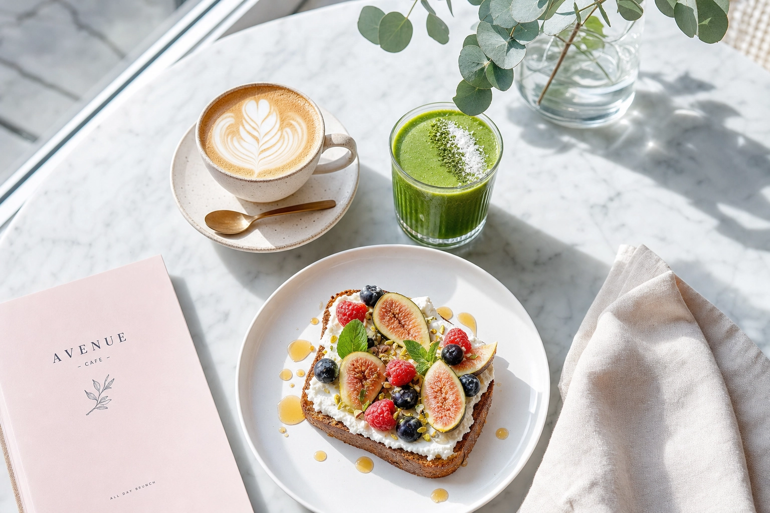 Bright airy cafe brunch on white marble with flat white, green smoothie and ricotta toast in morning light