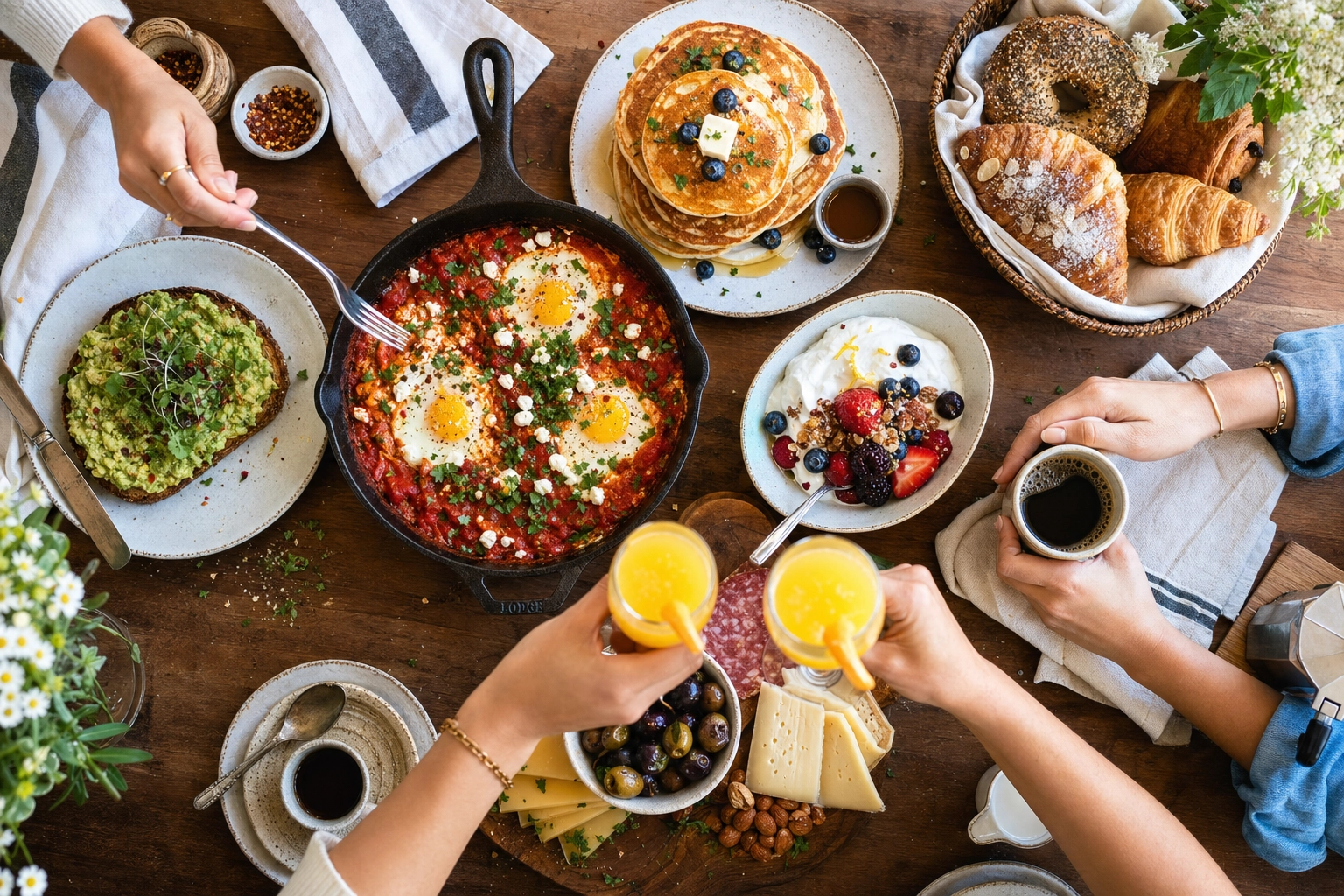 Overhead brunch spread with shakshuka, pancakes, avocado toast, berries and mimosas, hands reaching in