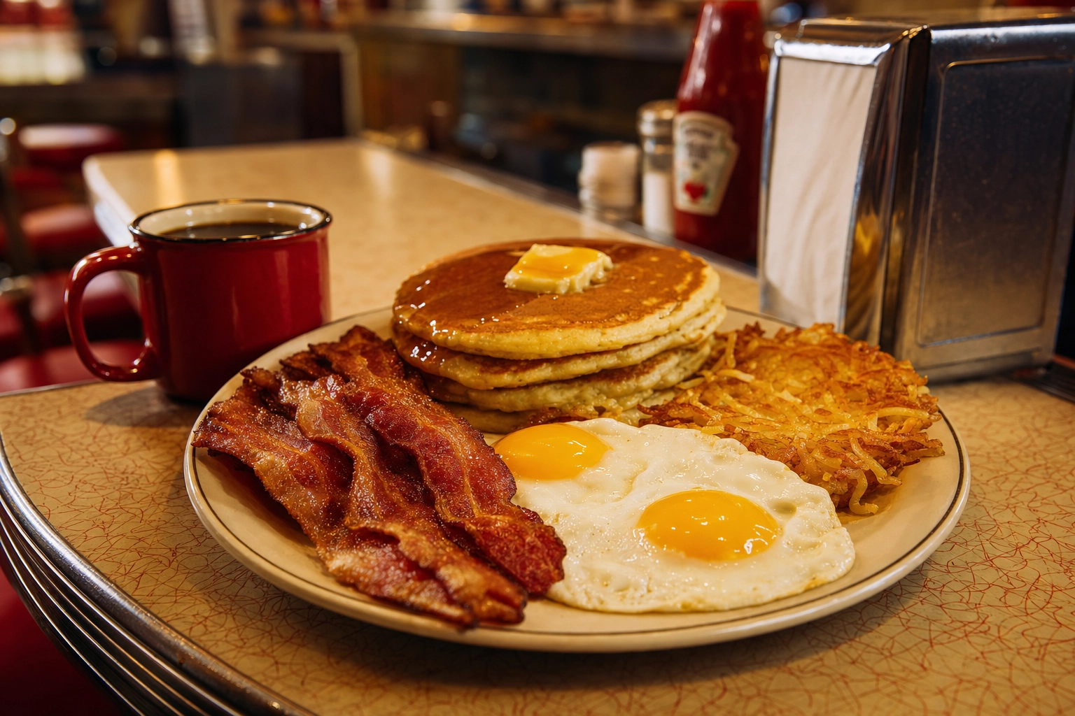 Hearty diner breakfast of over-easy eggs, bacon, hash browns and pancakes with a red mug in warm tungsten light