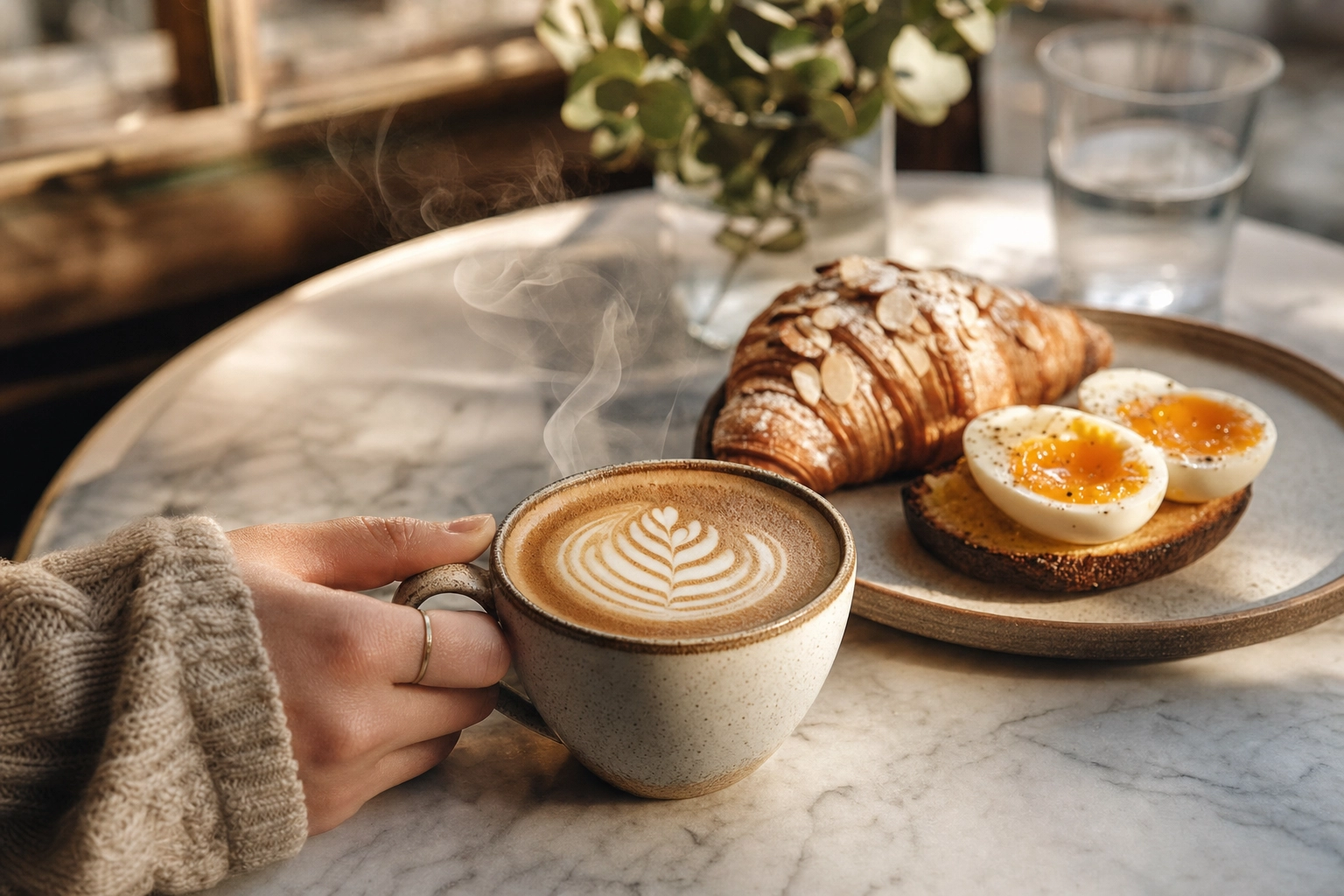 Hand holding a latte with rosetta art beside a croissant and soft egg on toast in warm cafe morning light