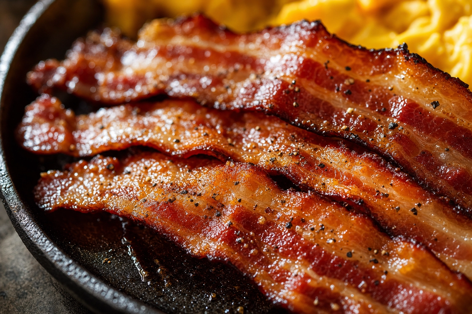 Extreme close-up of rippled thick-cut bacon strips with caramelized edges and glossy texture in warm light