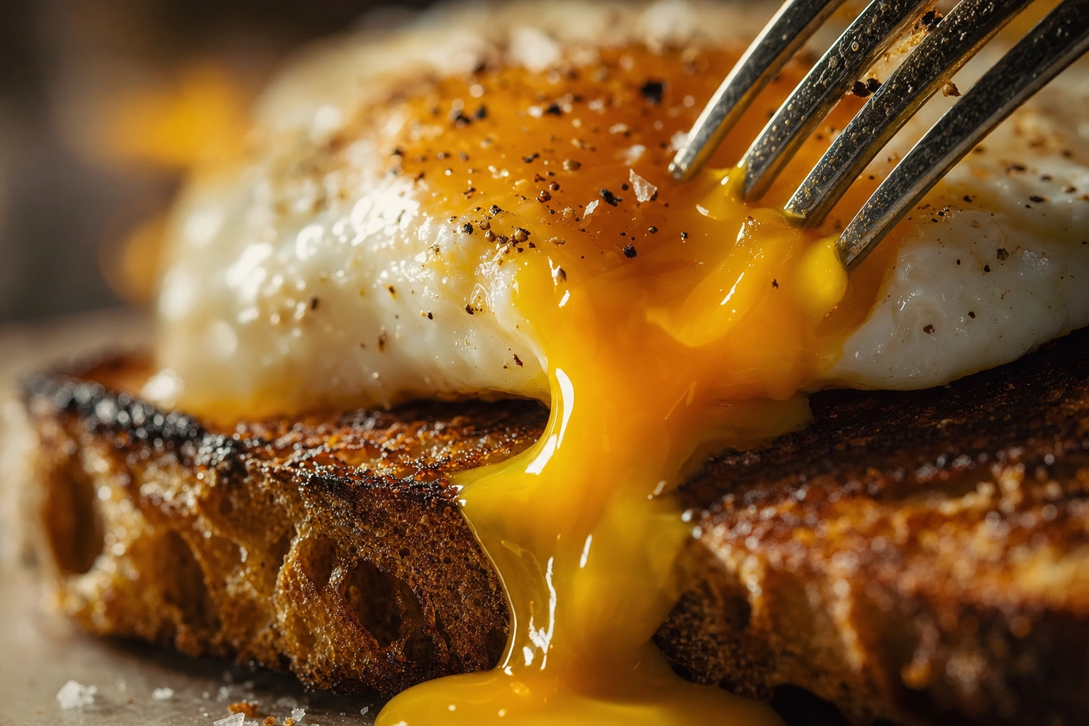 Close-up of a fork breaking a runny egg yolk spilling golden over toasted sourdough, backlit to glow