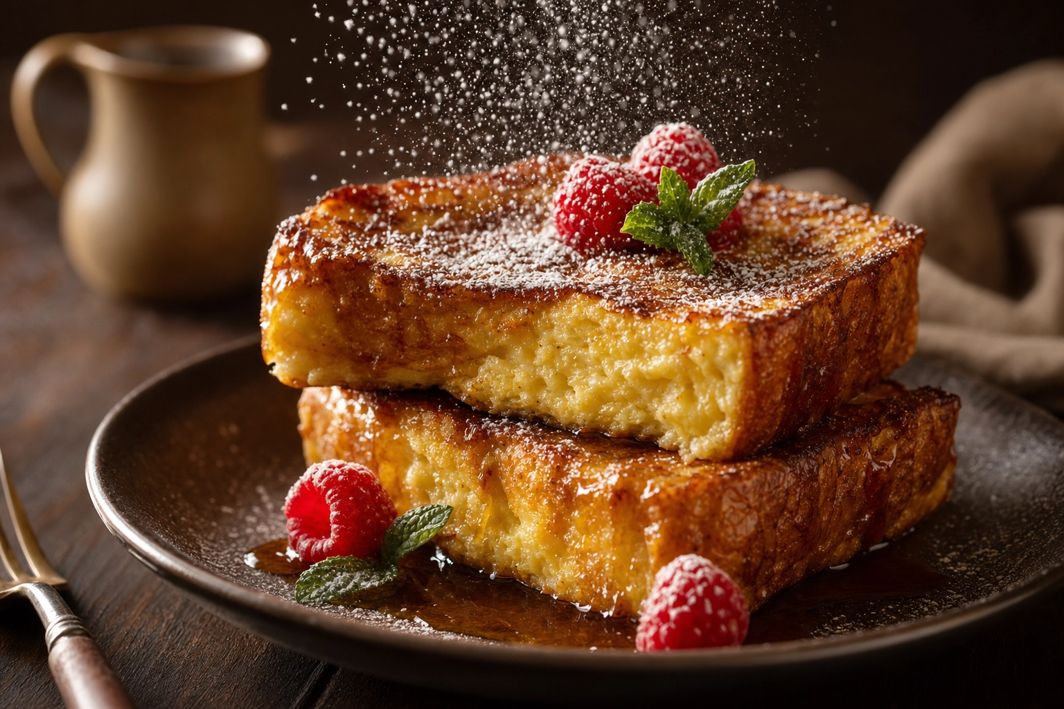 Side close-up of thick brioche French toast with custardy center, syrup, raspberries and falling powdered sugar