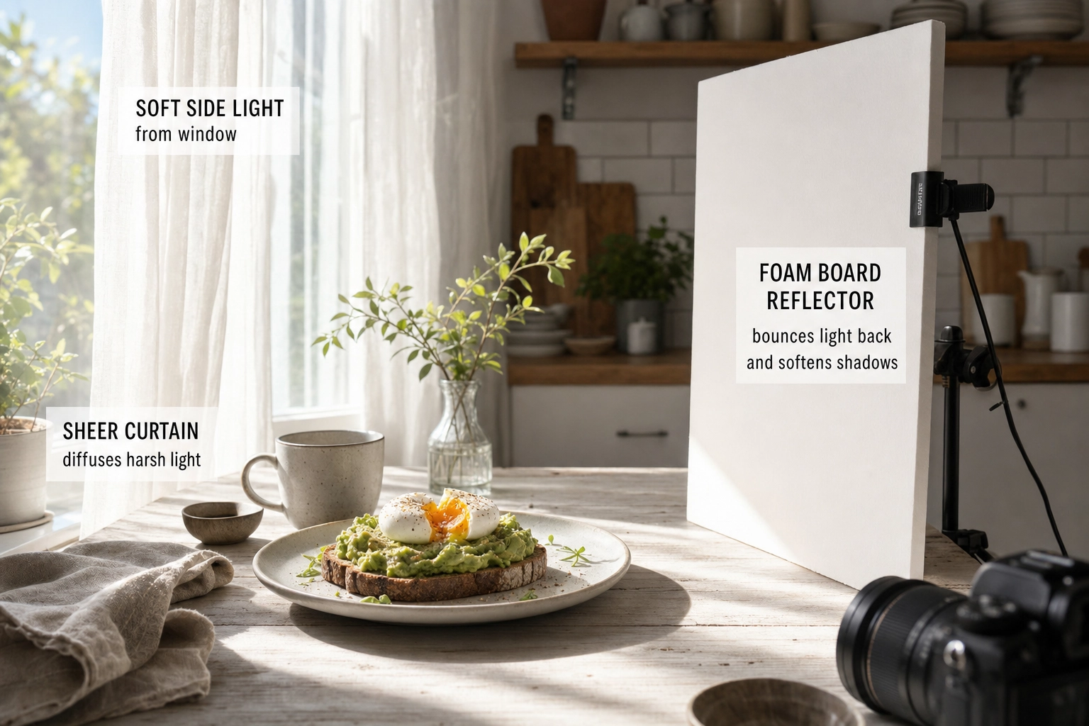 Breakfast plate lit by soft window light with a sheer-curtain diffuser and white reflector card setup