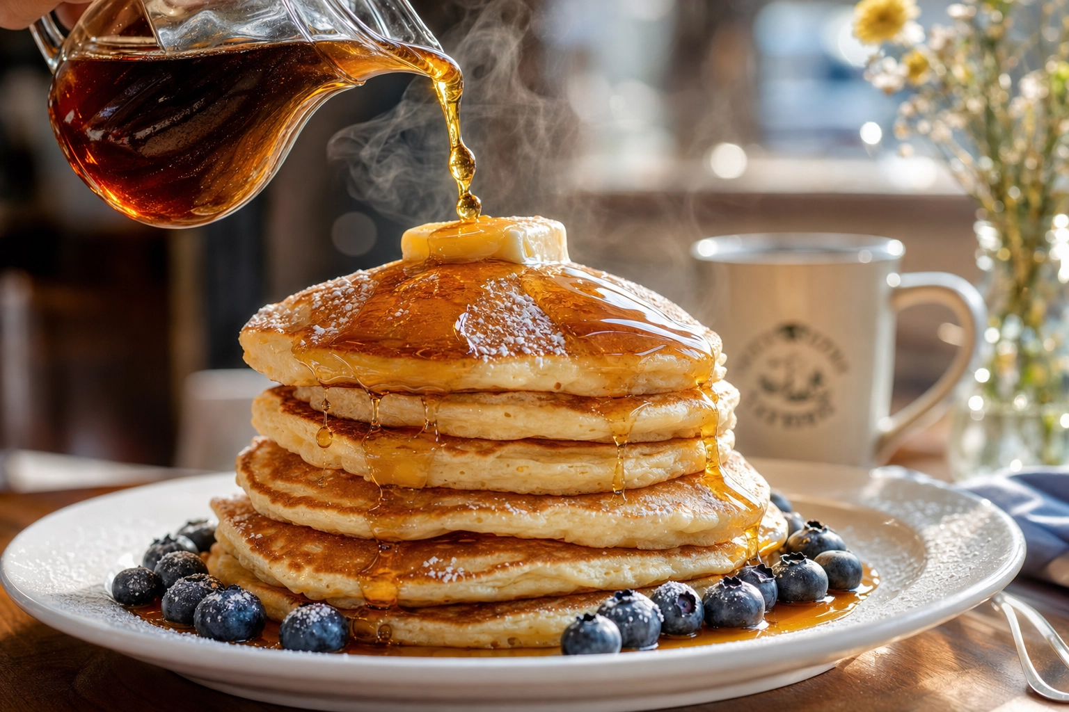 Maple syrup pouring over a tall stack of fluffy pancakes with melting butter, backlit at eye level