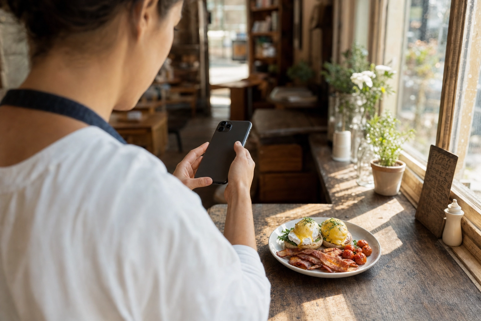 Cafe owner photographing a plated eggs Benedict breakfast with a smartphone by a sunny window