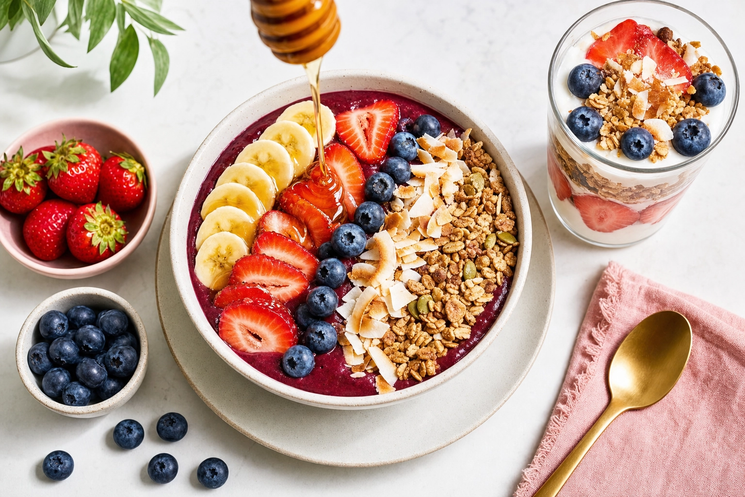 Overhead vibrant acai smoothie bowl with banana, berries, granola and honey beside a yogurt parfait