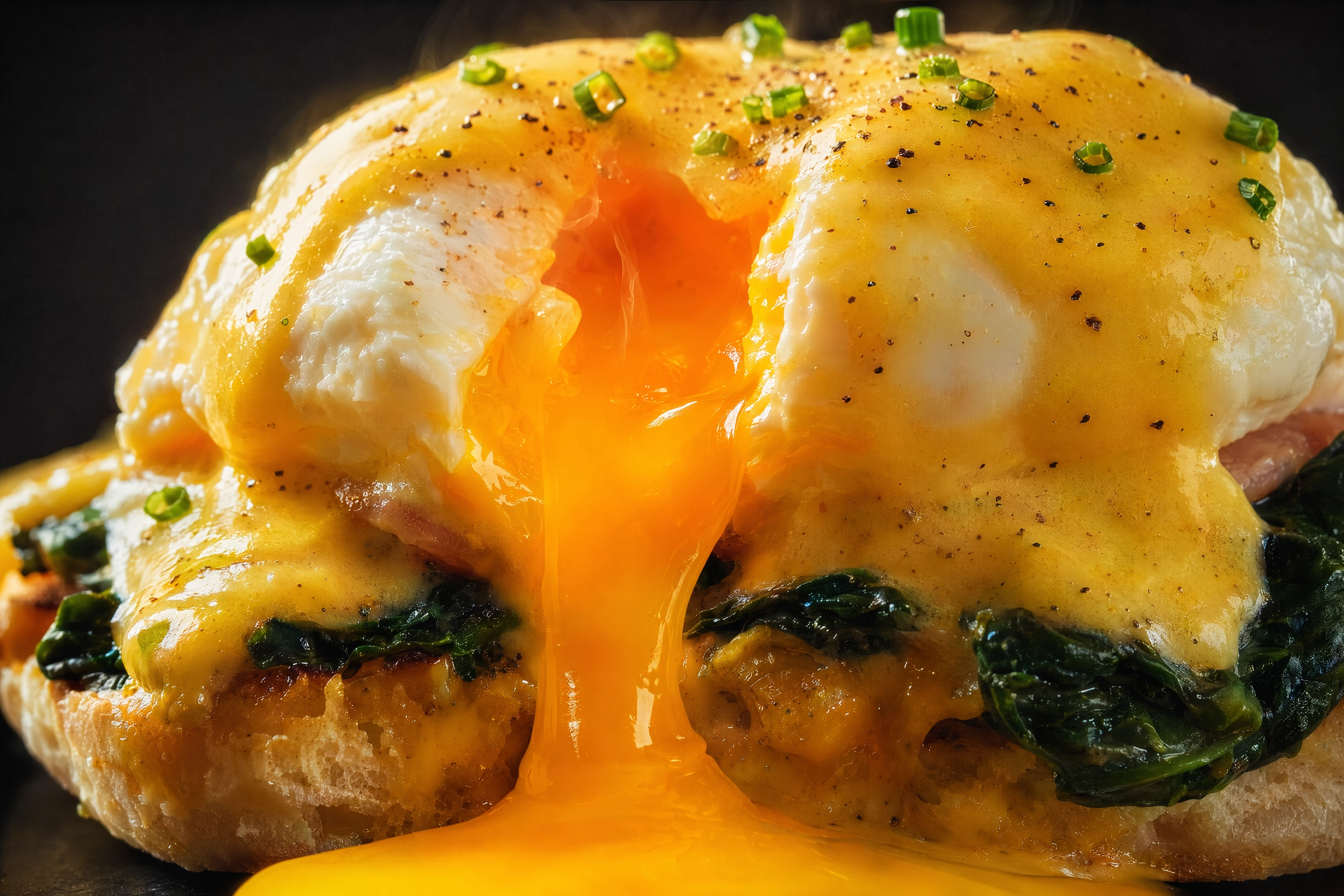 Macro of a just-cut eggs benedict with yolk flowing over hollandaise, the shot to capture in the first minute