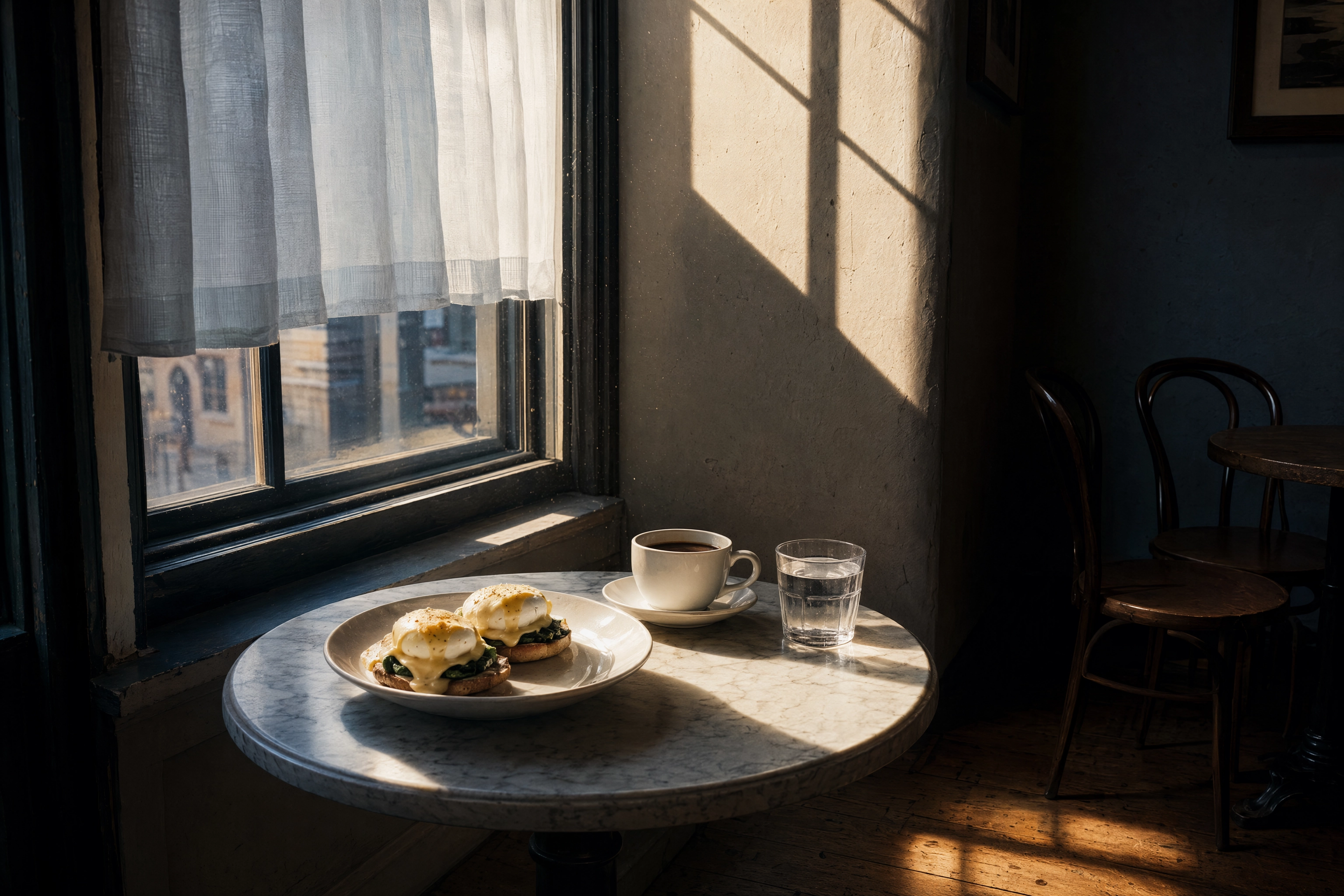 Cafe window table lit by a hard morning sunbeam with window-frame shadows raking across the wall