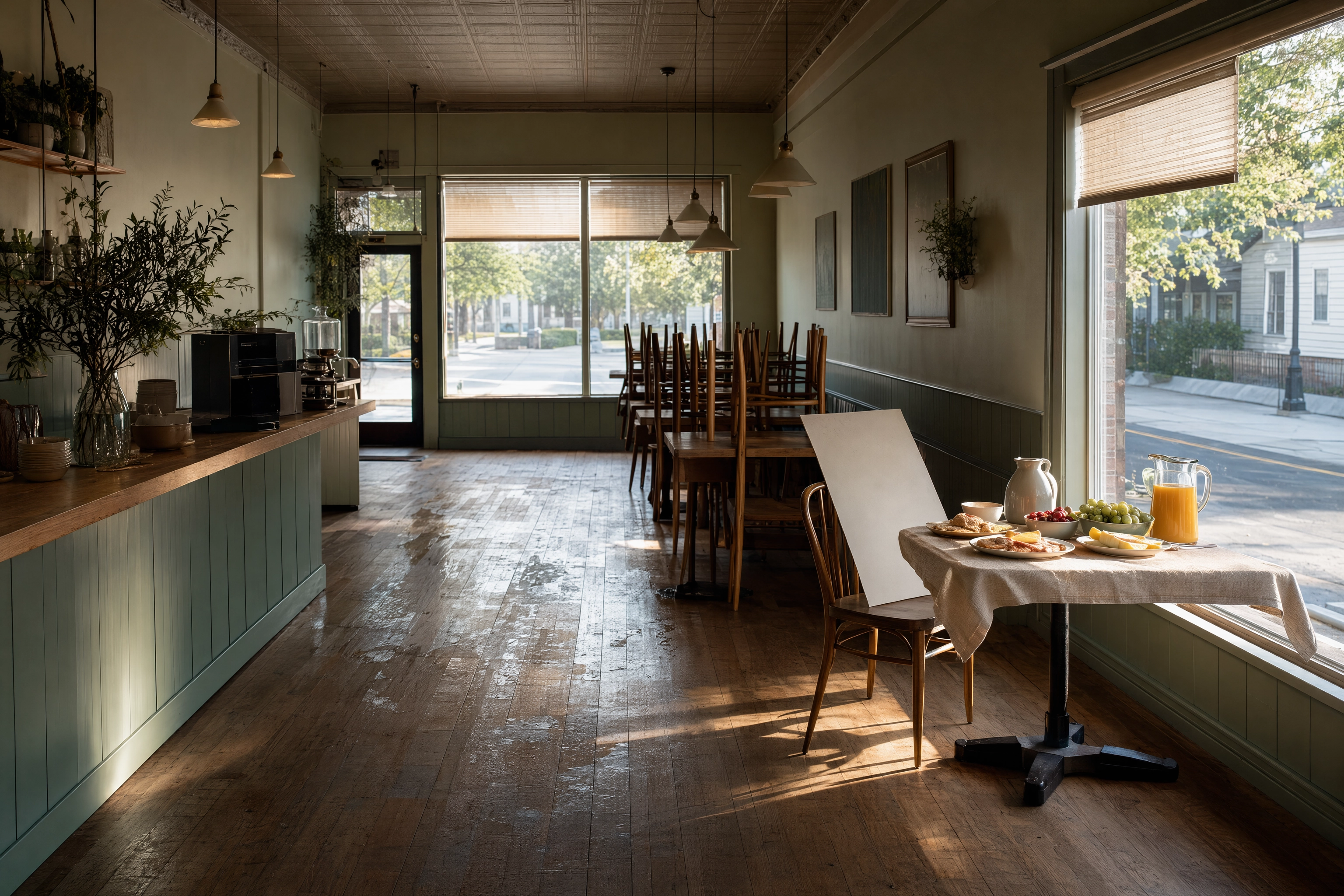Empty cafe on a weekday morning with one window table styled for a brunch photoshoot in low sun