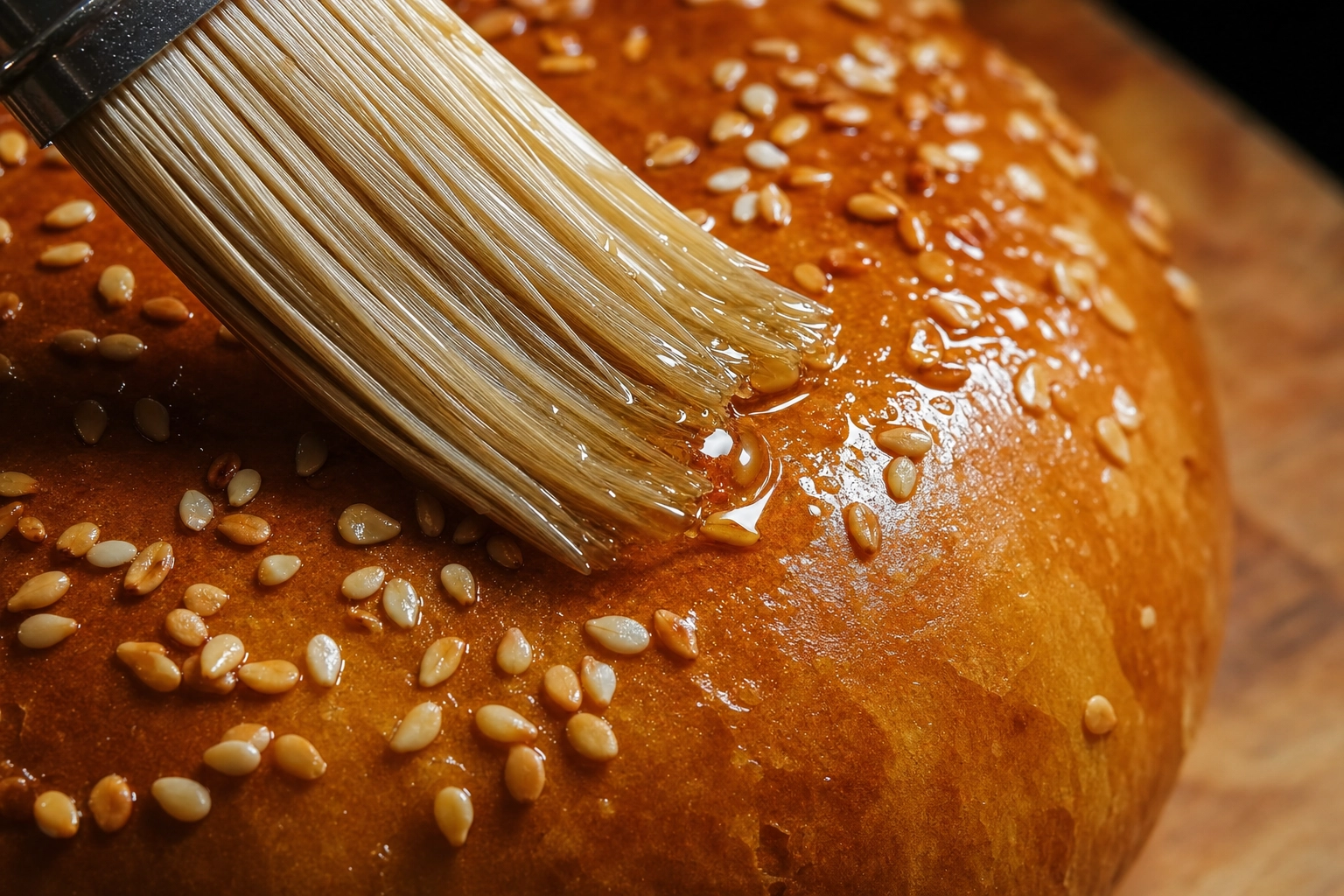Close-up of pastry brush applying oil glaze to glistening sesame seed burger bun for photography sheen