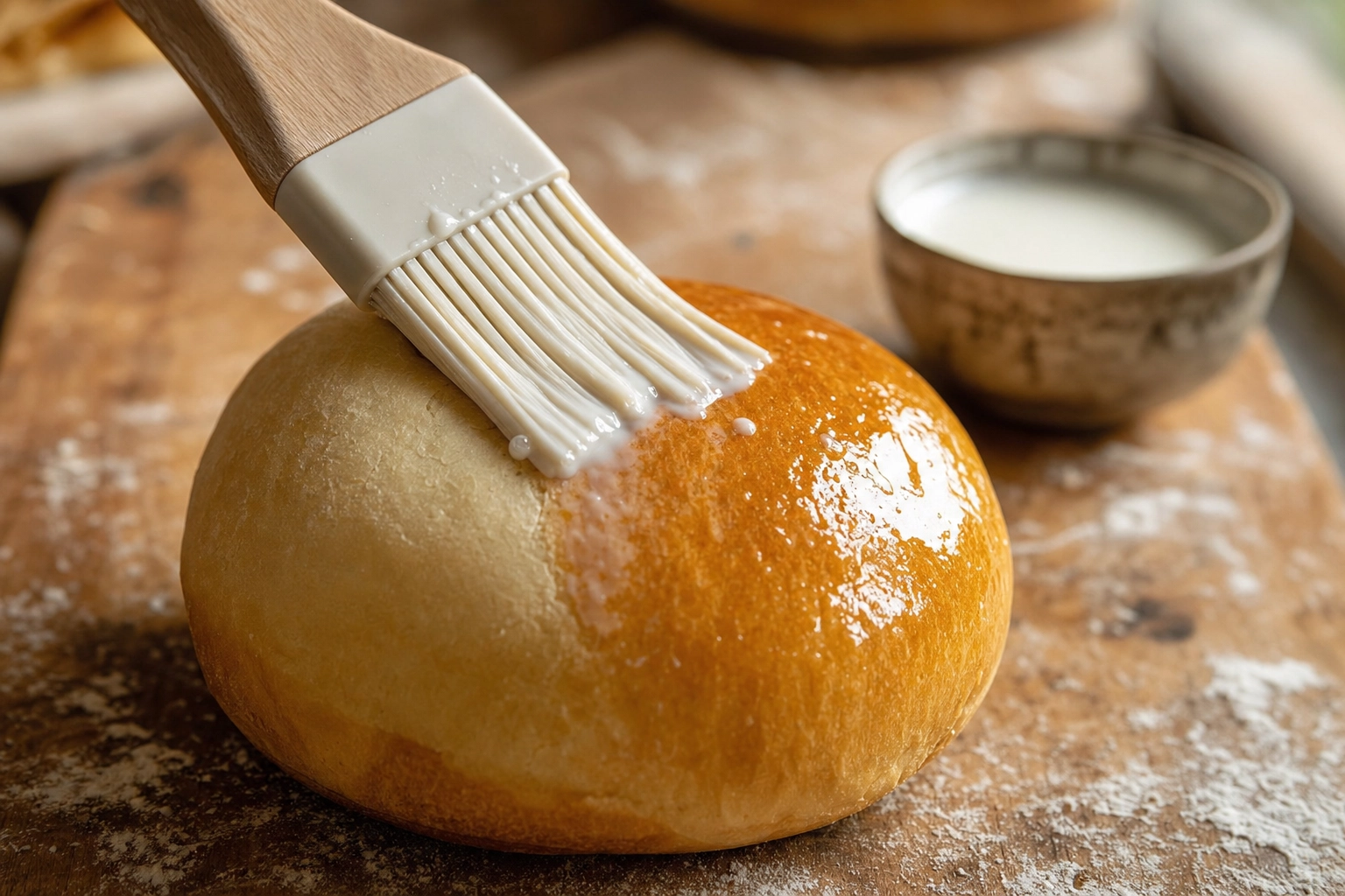 Pastry brush applying milk wash to brioche burger bun showing amber sheen transformation