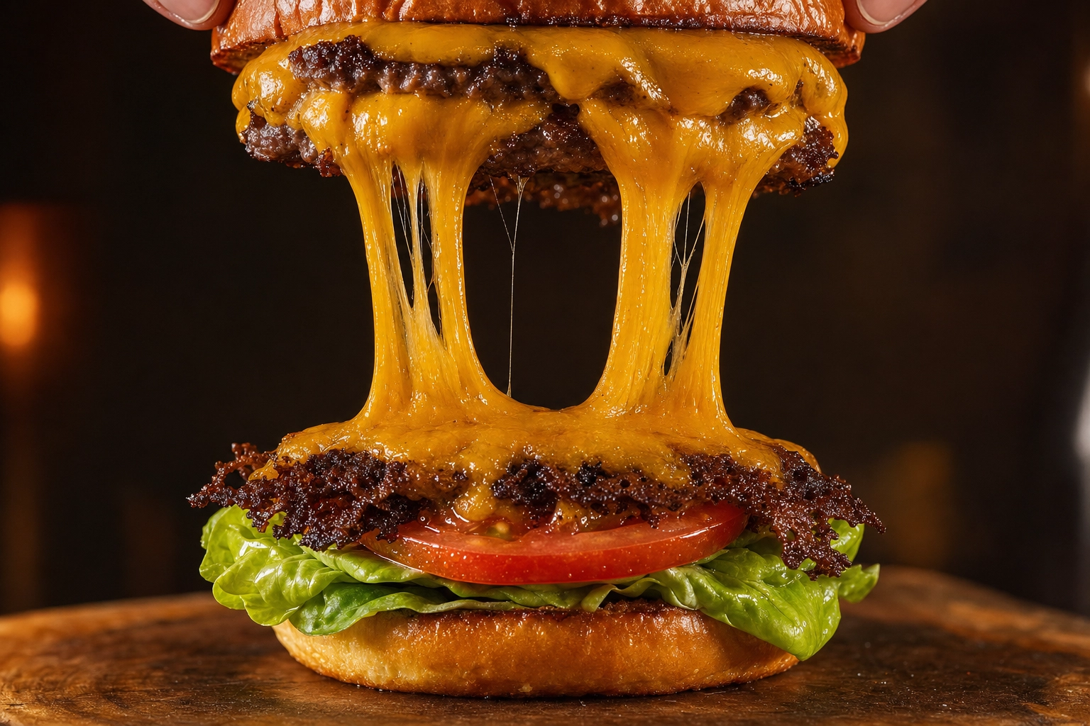 Beauty pull-apart cheese pull shot with two stretchy cheese strands between burger halves on wood board