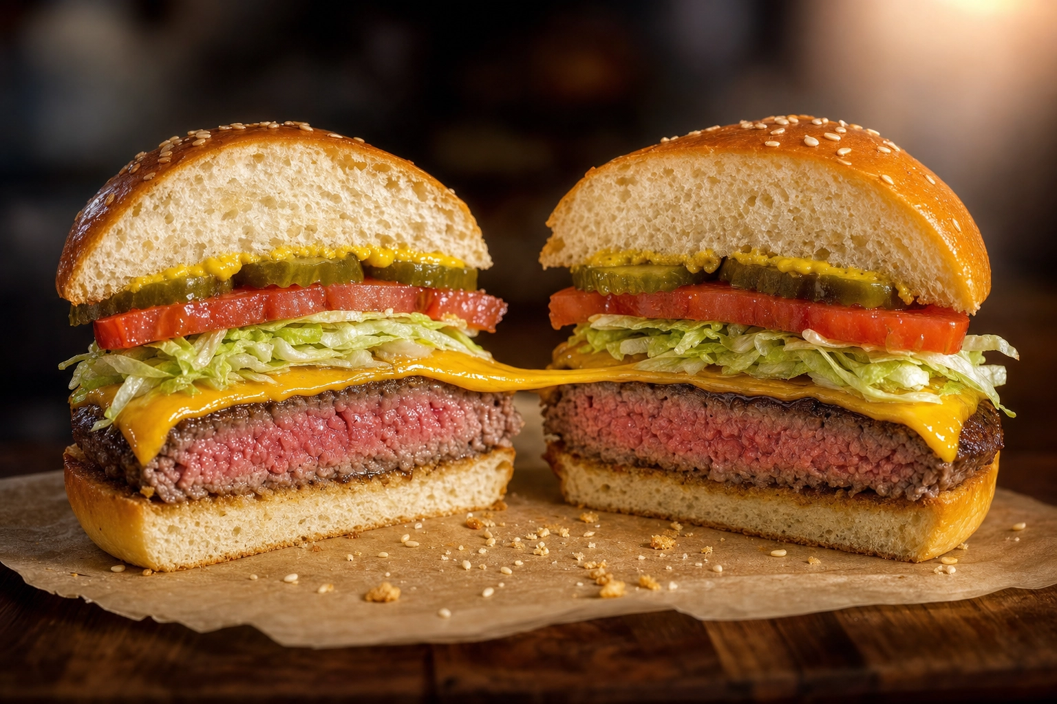 Burger cross-section showing layers of patty, melted cheese pull, lettuce, tomato, and pickles on parchment