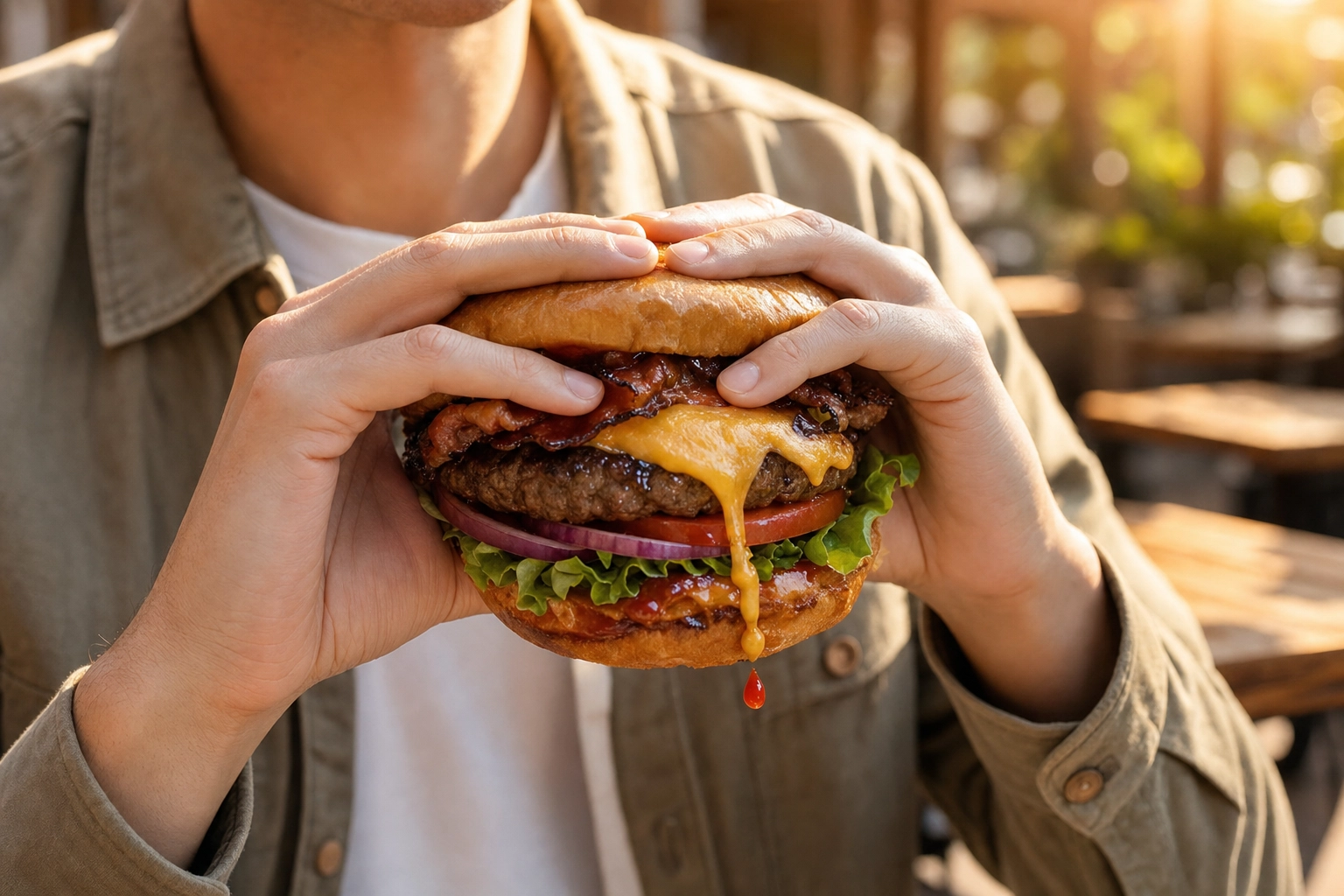 Eat-action hands holding cheeseburger with cheese drip and sauce drop mid-bite — lifestyle burger photography
