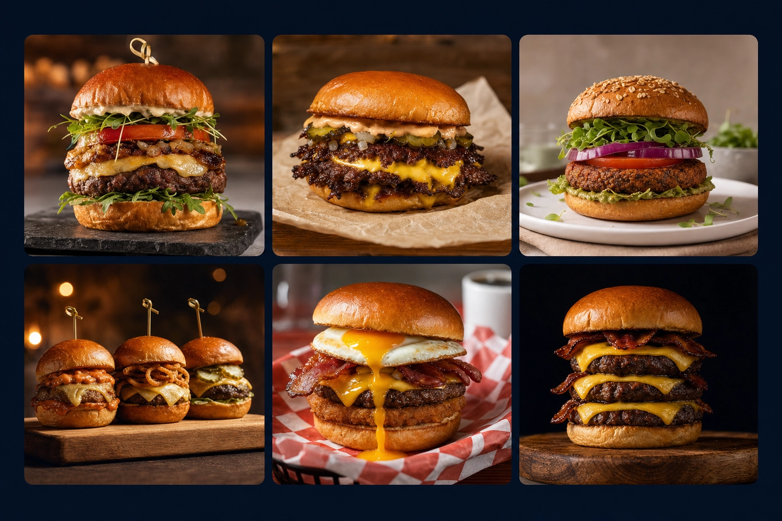 Six-photo burger menu library mockup showing consistent styling across gourmet, smash, plant-based, sliders, breakfast, and triple burger photos