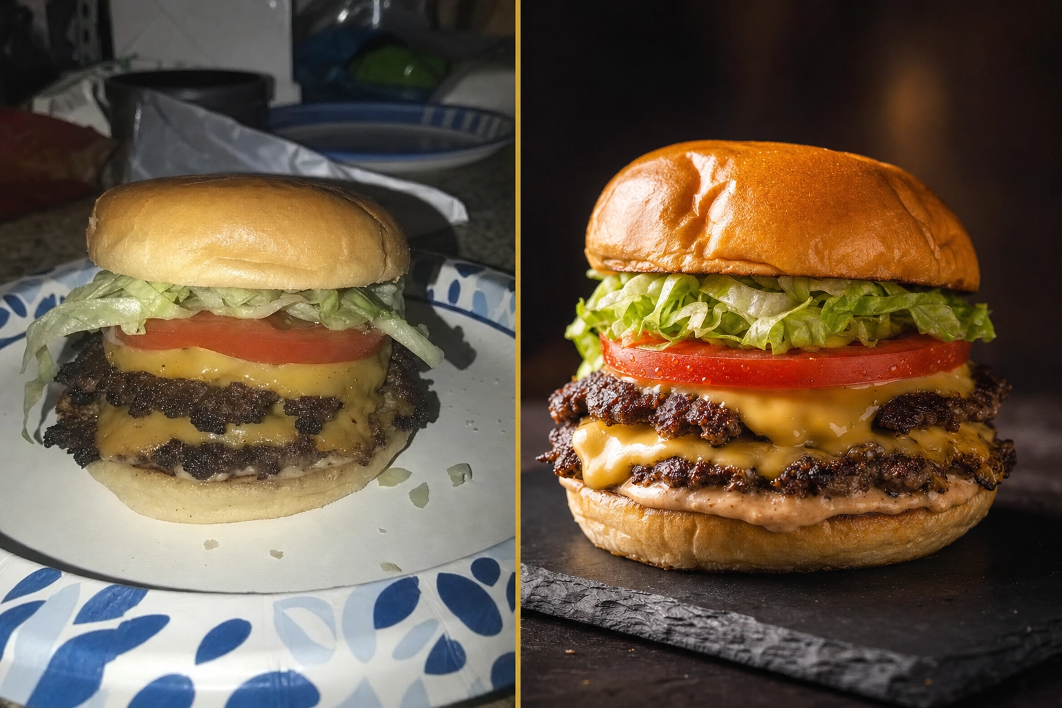 Before and after burger photography comparison: amateur phone snap versus studio-quality AI-enhanced image