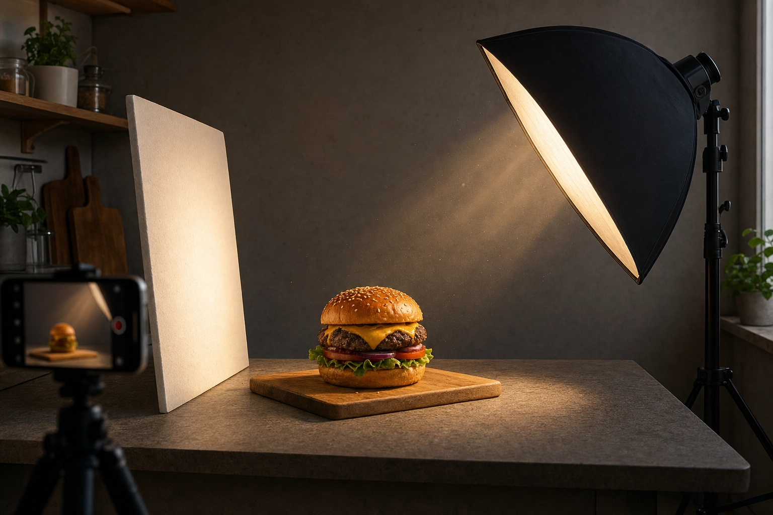 Burger photography lighting setup with softbox key light at 45 degrees and white foam reflector opposite