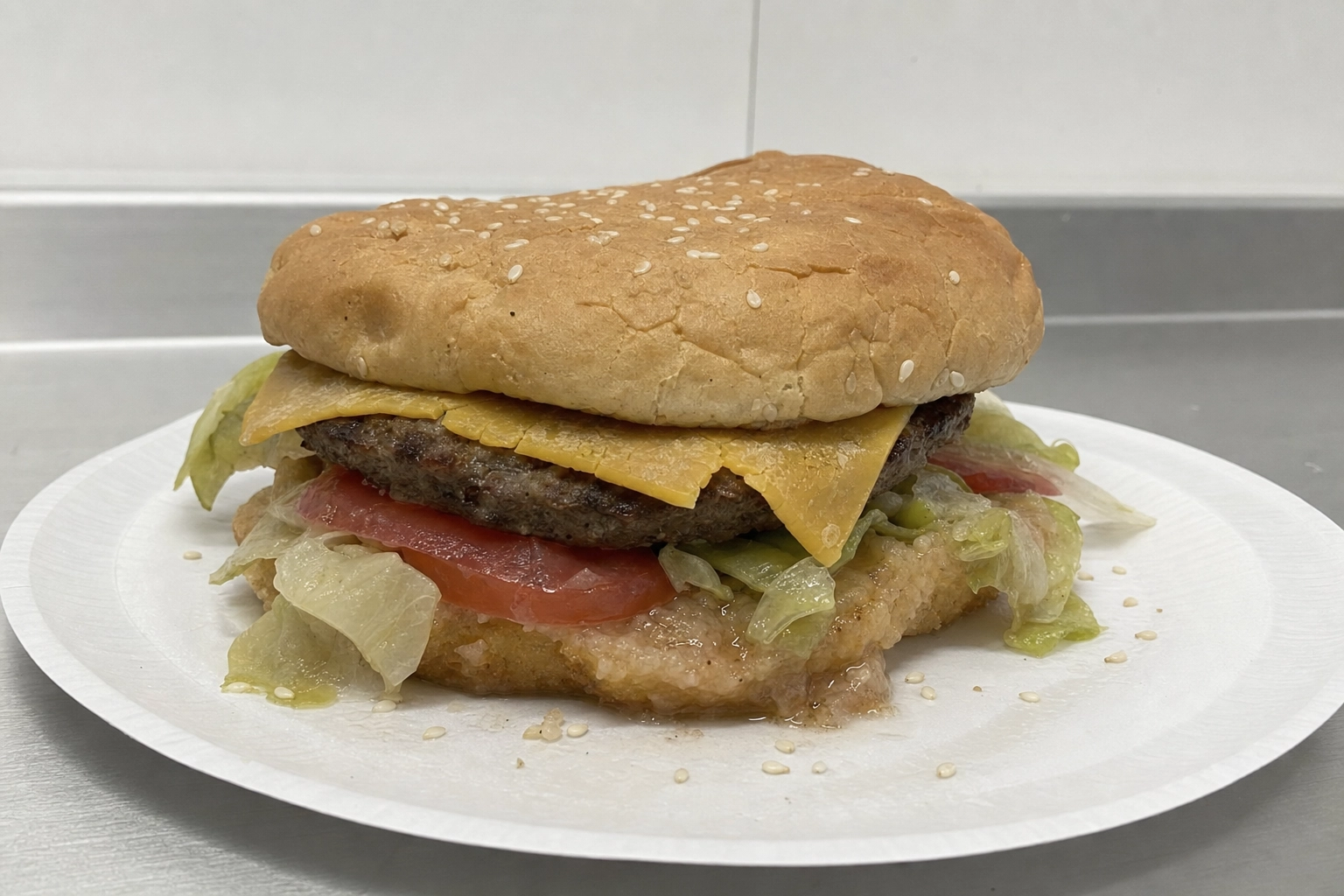 Unstyled sad burger with wilted lettuce, hardened cheese, soggy bun showing burger photography problems