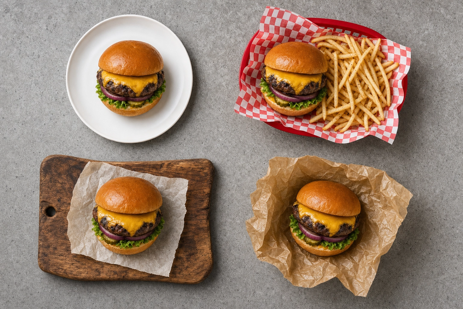 Same burger photographed on four serving surfaces: white plate, diner basket, wood board, wax paper wrap