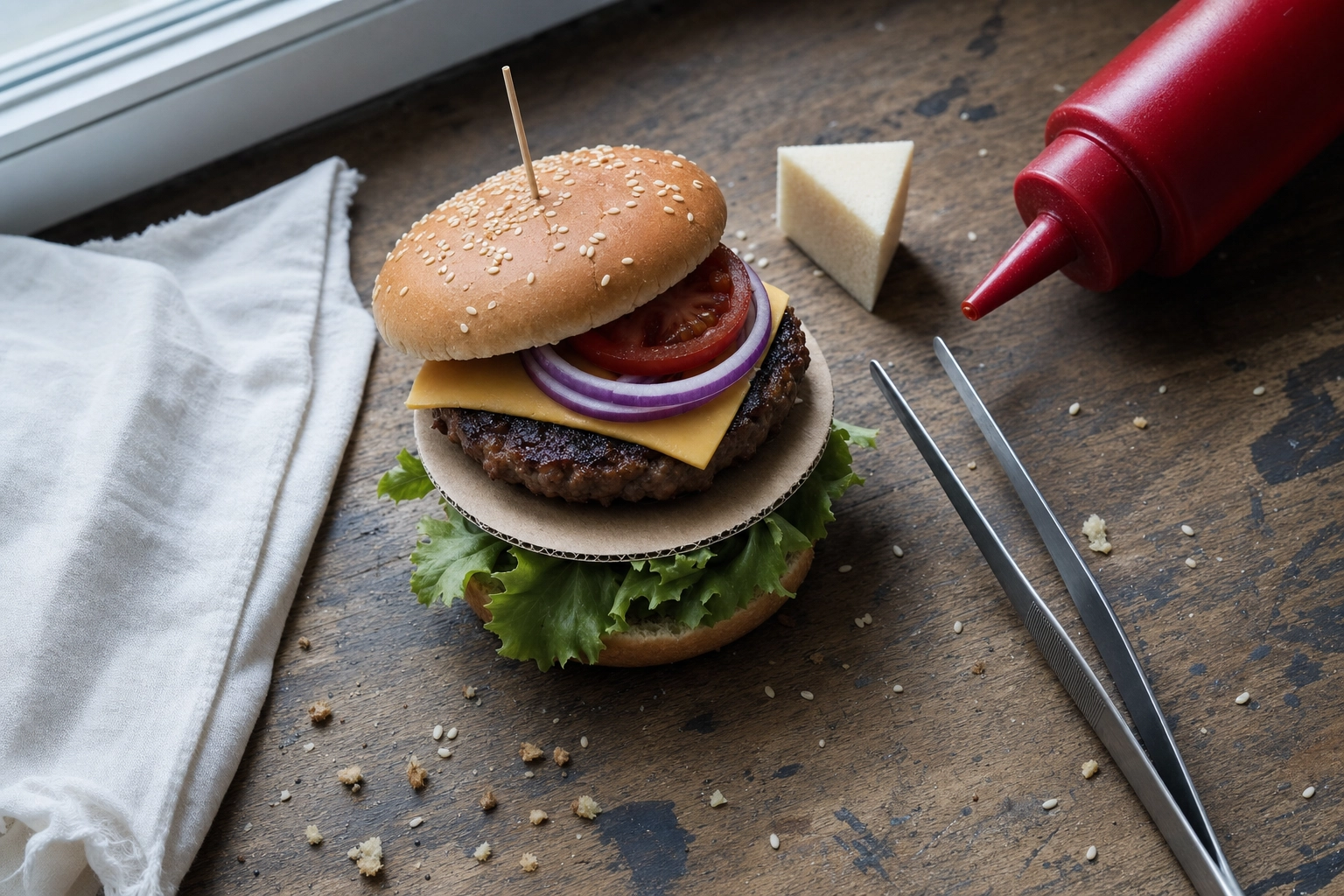Food stylist's behind-the-scenes burger stacking with toothpicks, cardboard disc, and squeeze bottle visible