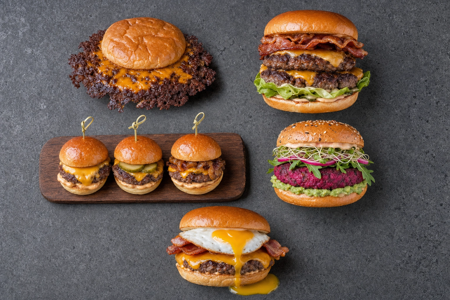 Overhead variety of burger styles: smashburger, gourmet stacked, sliders, plant-based, and breakfast burger