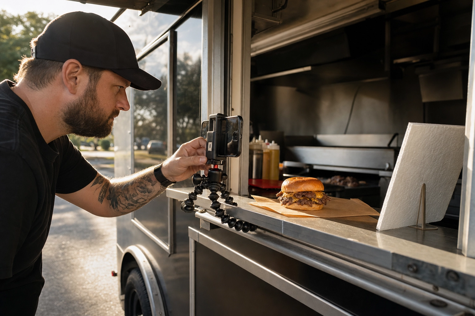 Food truck operator photographing smash burger on serving window ledge with phone tripod and reflector