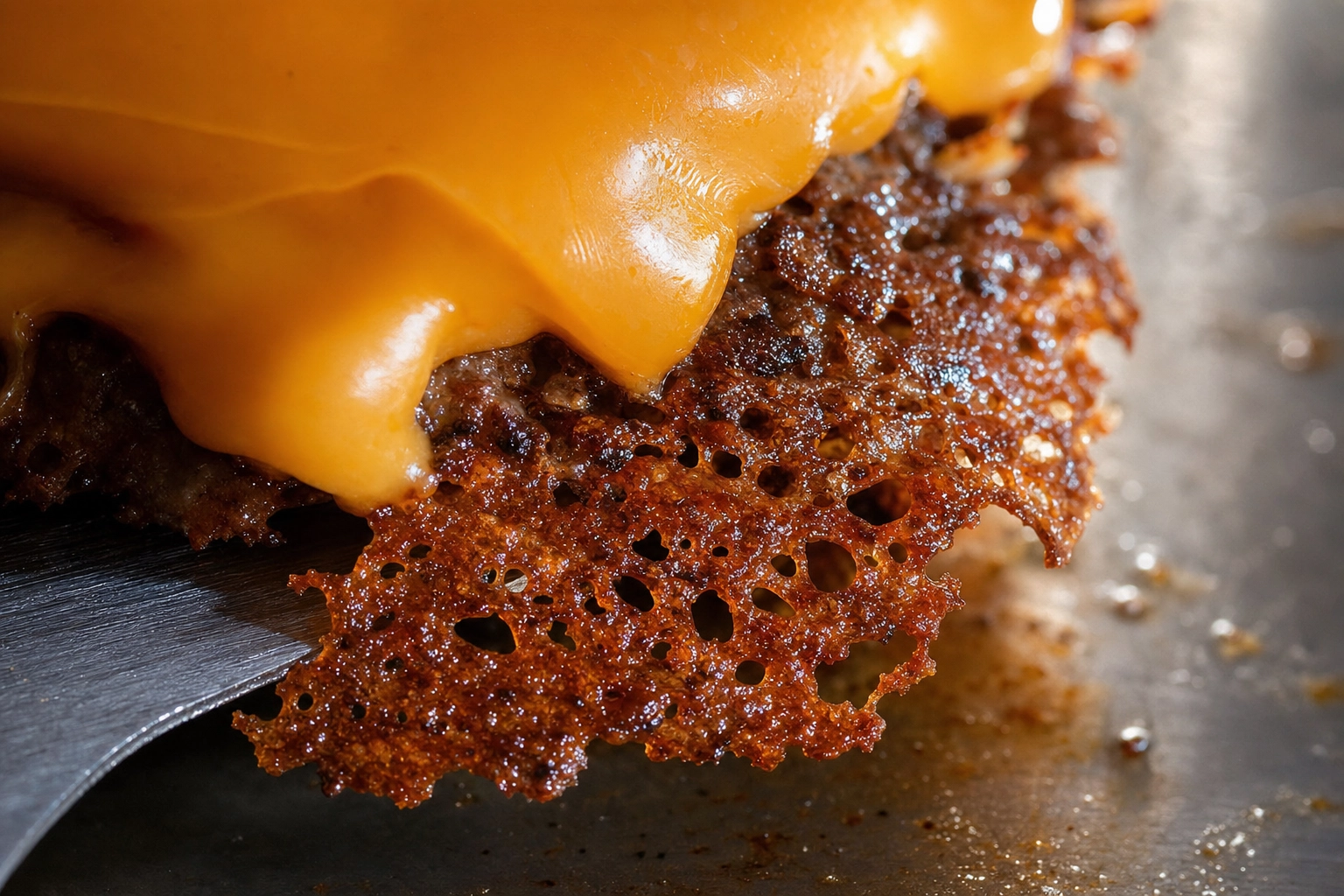 Close-up of smashburger lacy caramelized crispy crust edge with melting cheese — smashburger photography detail
