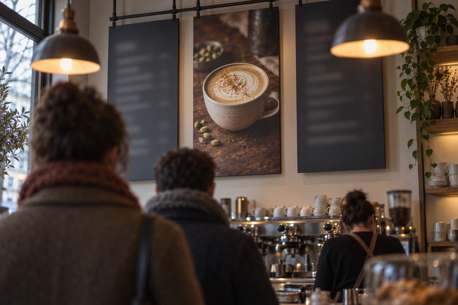Kolme paneeliga kohviku menüütahvel espressobaari kohal, keskmisel paneelil üks suur latte foto, vaade järjekorrast