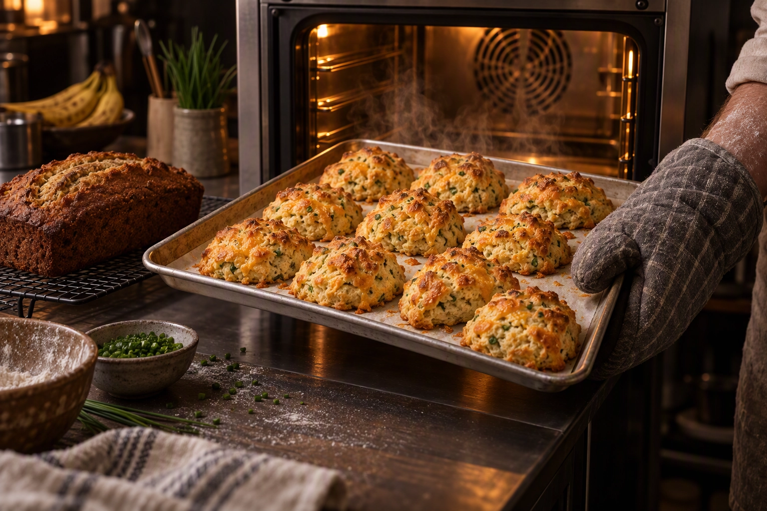 Tray of cheddar chive scones fresh from a countertop convection oven beside cooling banana bread in a small cafe