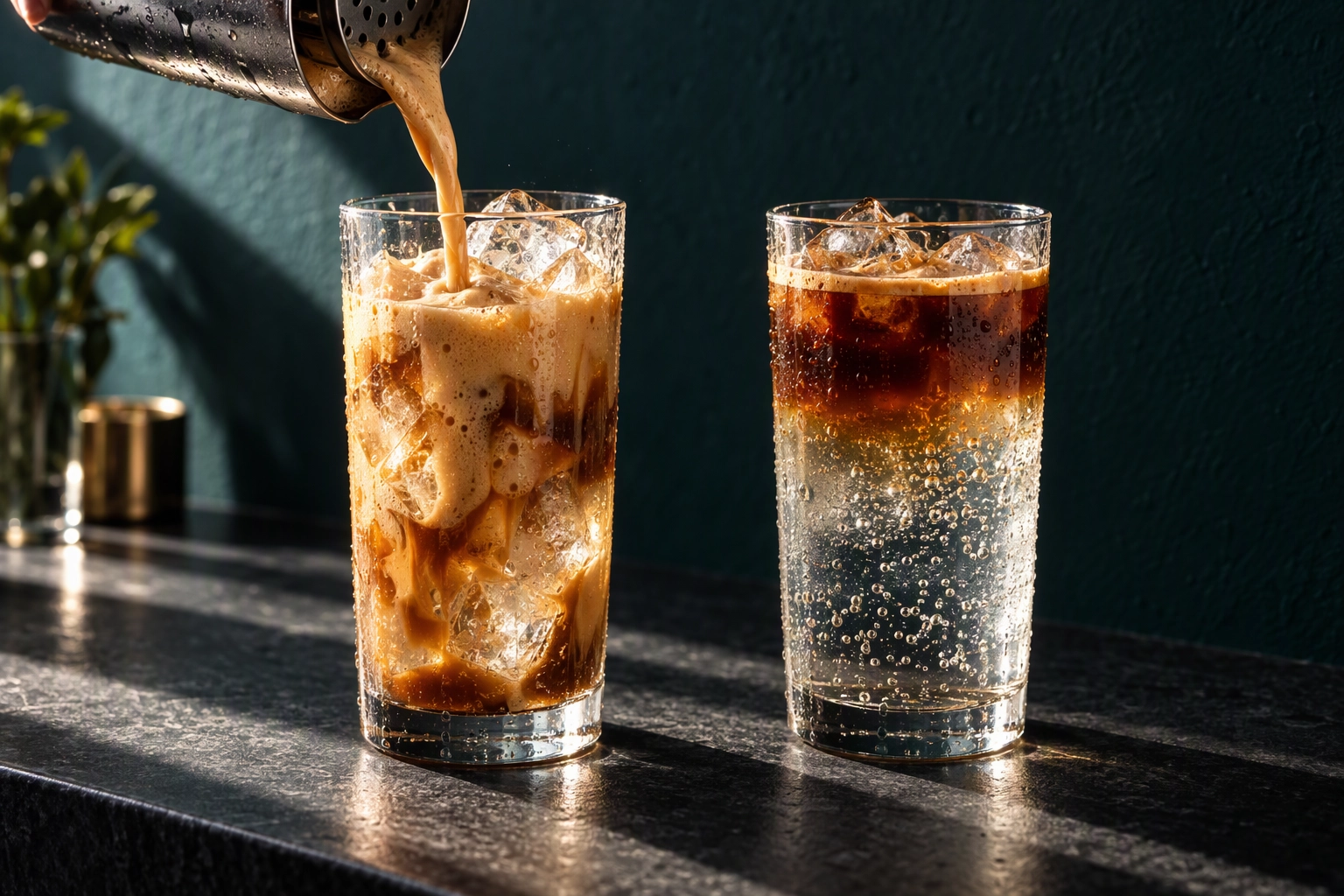 Iced brown-sugar shaken espresso poured over ice beside an espresso tonic, two low-cost cafe drinks customers reorder