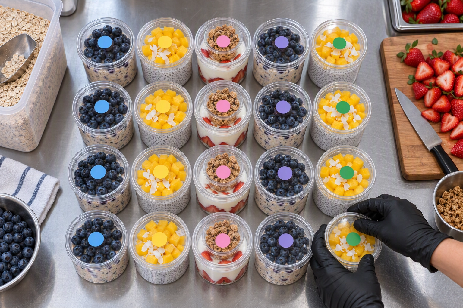 Overhead of overnight oats, chia pudding and parfait jars being lidded on a steel counter, no-cook cafe food ideas