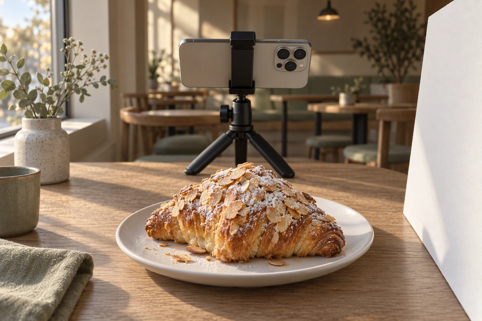 Phone on a small tripod aimed at an almond croissant by a cafe window, a simple setup for cafe menu photos
